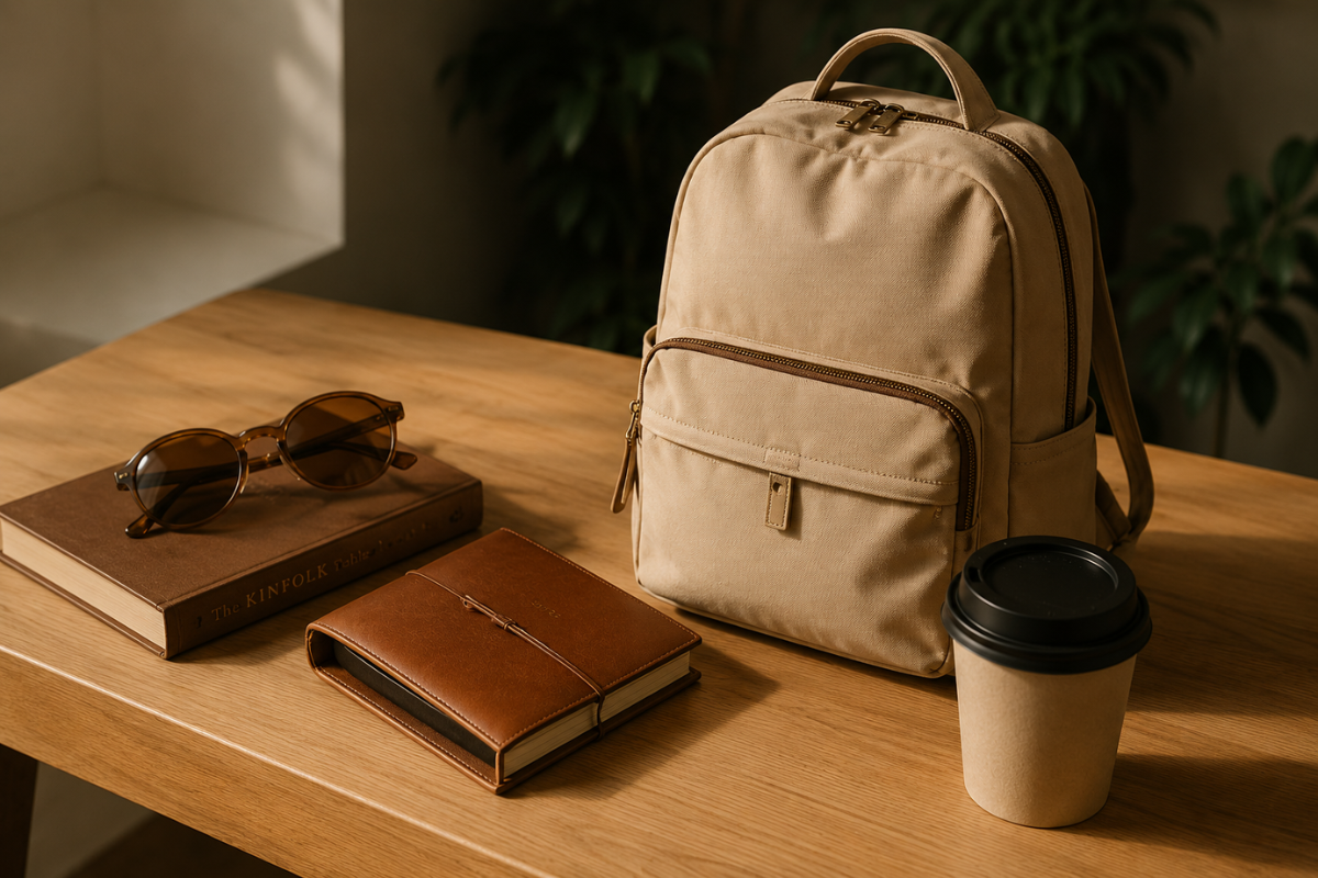 Stylish leather backpack and everyday accessories on a wooden table