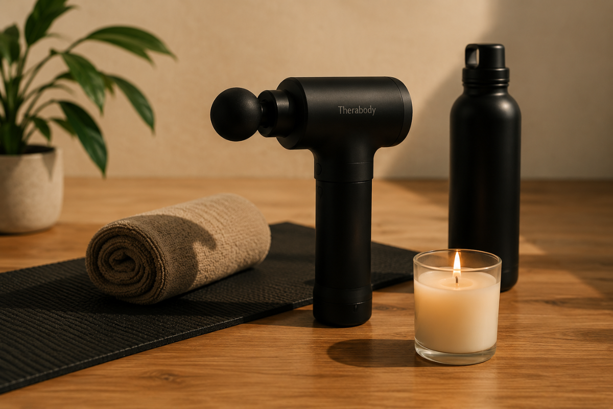 Health and wellness essentials including a massage gun and fitness accessories on a wooden surface