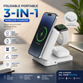 Foldable portable 3-in-1 wireless charger with phone, watch, and earbuds on a desk.