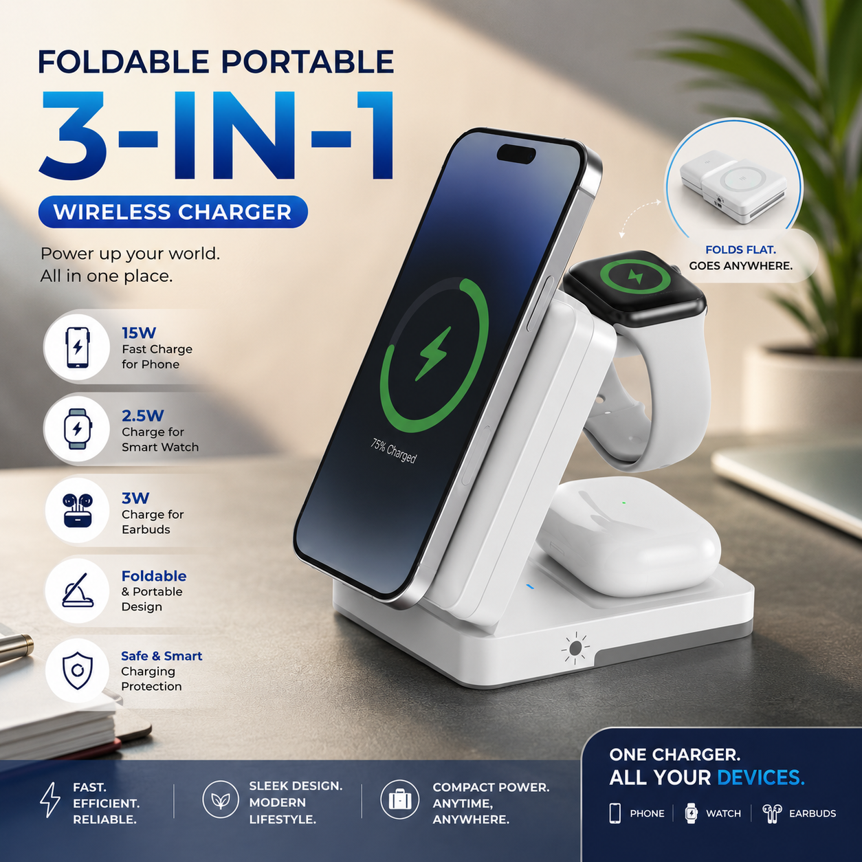 Foldable portable 3-in-1 wireless charger with phone, watch, and earbuds on a desk.