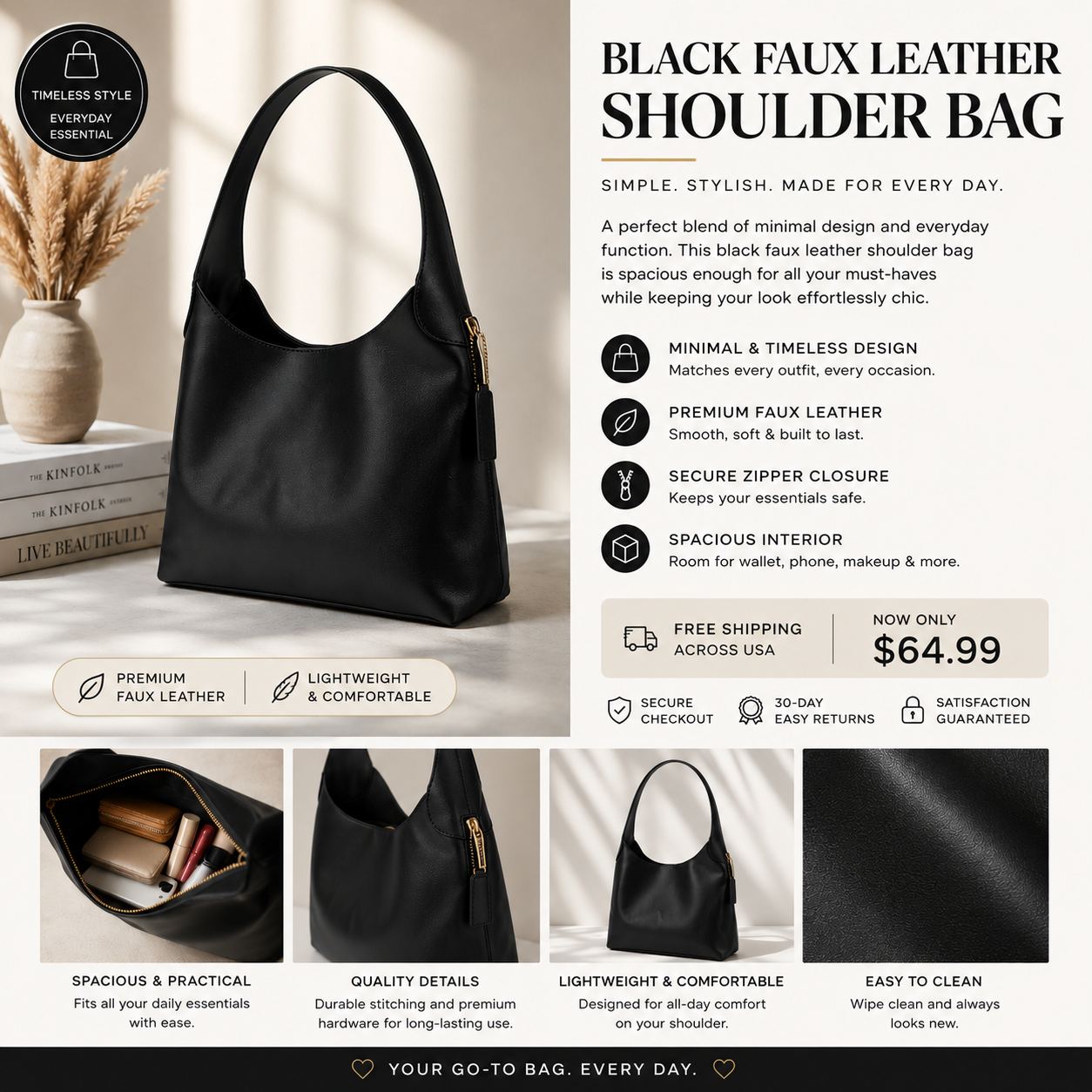 Women’s Black Faux Leather Shoulder Bag