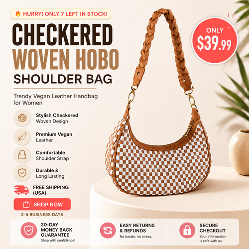 Checkered Woven Hobo Shoulder Bag – Trendy Vegan Leather Handbag for Women